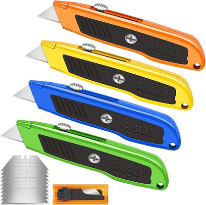 DIYSELF 4 Pack Retractable Box Cutters, Utility Knives with 10 Blades, Heavy Duty for Cardboard, Carpet, Paper