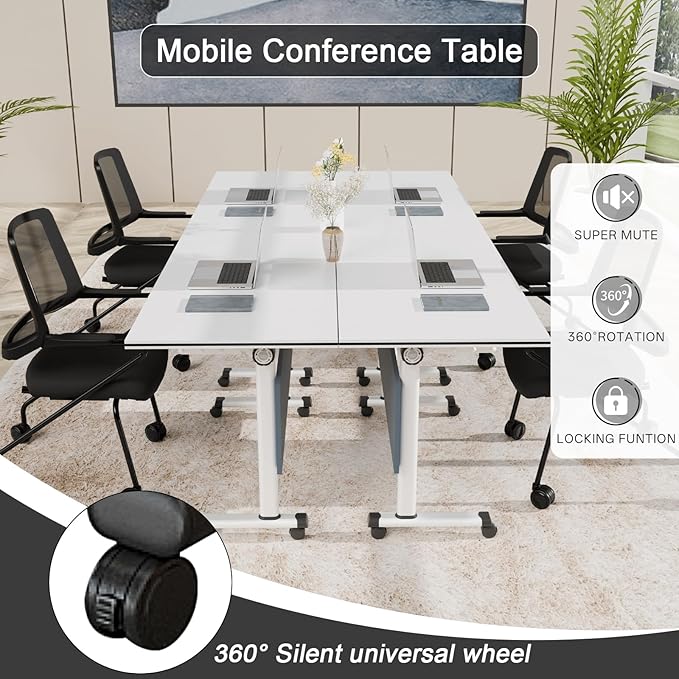 Conference Table Folding Conference Room Tables, Modern Mobile Meeting Training Table with Silent Wheels, Foldable Seminar Table for Offices, Classrooms, Libraries (4, Grey, 55.1in)