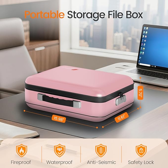 Fireproof Document Box with Lock, 5200°F Fireproof Water Resistant Hard Case File Organizer Safe Box for Important Documents, Certificates, Laptop, Passports (Pink)