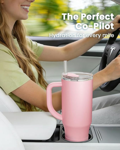 Renoj Tumbler with Handle 100% Spill Resistant Insulated Water Bottle for Iced Coffee & Hot Drinks - Fits Car Cup Holder, Ideal Gift, 2 Straws & Silicone Boot BPA-Free - FlexSlide Pink 40 oz