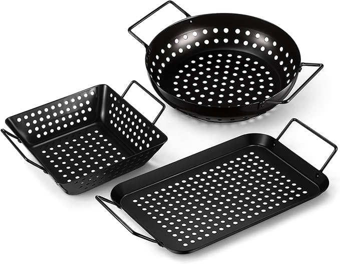 3 Pack Grill Basket Set for Outdoor Grill, Stainless Steel Vegetables Grilling Basket with Holes and Handles, Nonstick Barbecue Pan for Seafood Meat Grilling Accessories Gifts for Men