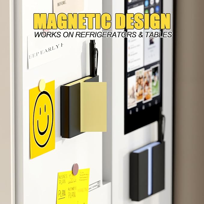 2Pcs Sticky Note Dispenser, Magnetic Sticky Note Holder for Post It Notes, 3 x 3 Inch Sticky Note Pen Organizer for Office Home Classroom, Black