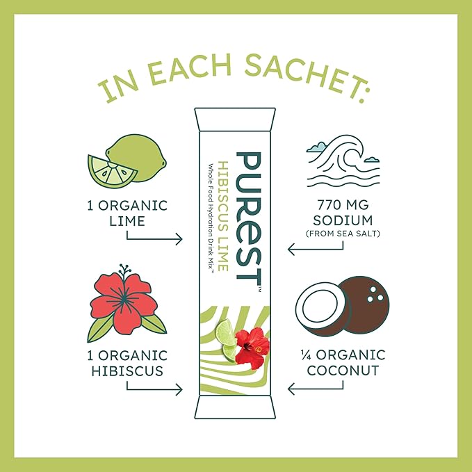 Organic Hibiscus Lime Hydration Powder Packets with Solar Sea Salts & Organic Freeze-Dried Fruit for Instant Hydration, No Added Sugar Electrolytes, 26 Packets