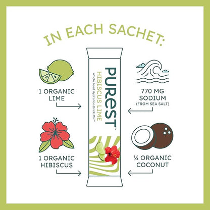 Organic Hibiscus Lime Hydration Powder Packets with Solar Sea Salts & Organic Freeze-Dried Fruit for Instant Hydration, No Added Sugar Electrolytes, 26 Packets