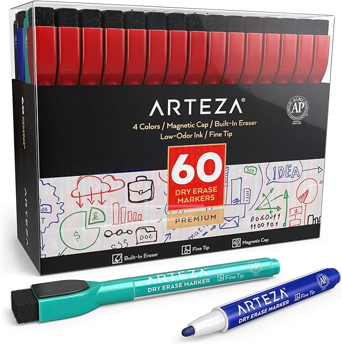 ARTEZA Magnetic Dry Erase Markers with Eraser, Bulk Pack of 60, Fine Tip, 4 Assorted Colors with Low-Odor Ink, Whiteboard Pens, School and Office Supplies