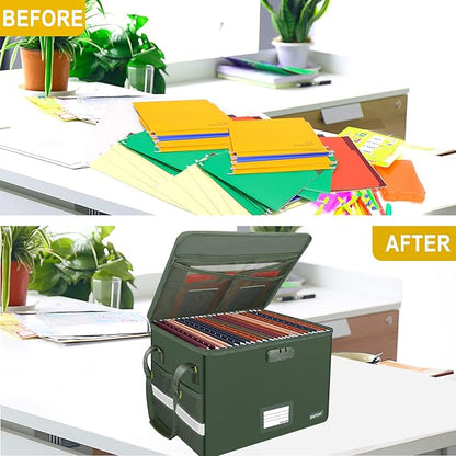 ENGPOW File Box with Lock, Fireproof Document Box with Pockets, Collapsible File Organizer Filing Storage Cabinet with Handle, Portable Home Office Safe for Hanging Letter/Legal Folders,Green,2 Pack