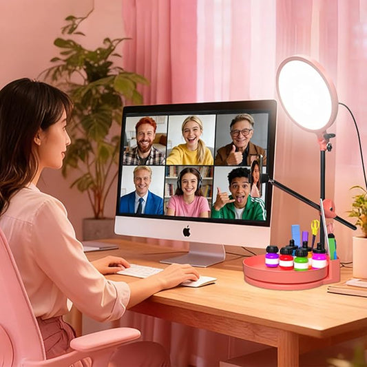 Selfie Light Kit for Desk and Laptop,55W Dimmable Full Screen Ring Light,with Rotating Storage Box,Pen Holder Stand,Phone Holder and Controller (Pink, 10.5)