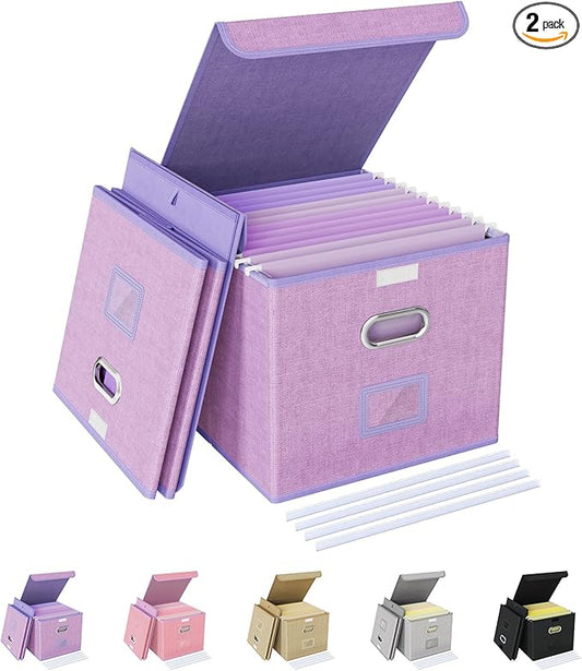 Oterri 2 Pack File Organizer Box,File Box,Small File Cabinet for Letter Folders,Lavender Portable Filing Box,Hanging File Folder Organizer Box with Lid for Office/Decor/Home- without Folders