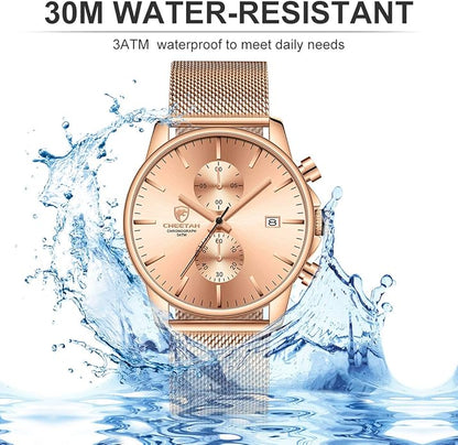 GOLDEN HOUR Mens Watch Fashion Sleek Minimalist Quartz Analog Mesh Stainless Steel Waterproof Chronograph Watches for Men with Auto Date