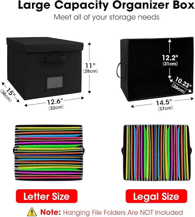 File Organizer Boxes with Lid, Linen Hanging File Storage Boxes with Handle, Collapsible Document Filling Boxes for Letter/Legal Folder, Portable File Box for Office/Decor/Home (4 Pack, Black)