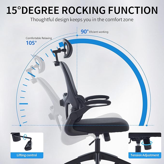 Ergonomic Mesh Office Chair, 400 lbs Capacity, High Back Desk Chair with Adjustable Lumbar Support, 3D Headrest, Flip-Up Armrests, and PU Wheels for Long Workdays and Home Office (Black)