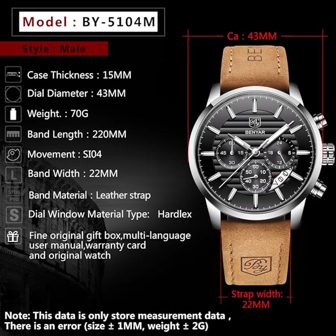 BENYAR Quartz Chronograph Waterproof Watches Business and Sport Design Leather Band Strap Wrist Watch for Men