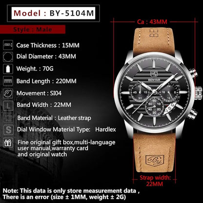 BENYAR Quartz Chronograph Waterproof Watches Business and Sport Design Leather Band Strap Wrist Watch for Men
