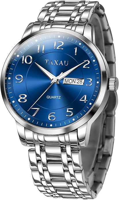 Stainless Steel Mens Watches with Day Date Quartz Analog Large Face Classic Watch Arabic Numerals Dress Luminous Rlojes para Hombres