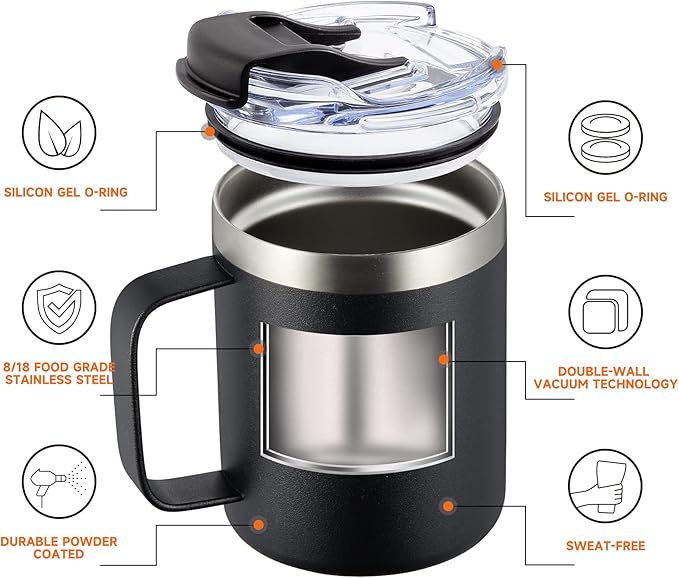 ALOUFEA 12oz Insulated Coffee Mug Cup with Handle, Stainless Steel Travel Coffee Mug with Flip Lid, Double Wall Vacuum Coffee Tumbler,Blush