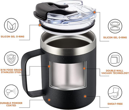 ALOUFEA 12oz Stainless Steel Insulated Coffee Mug with Handle, Double Wall Vacuum Tumbler Cup with Fliping Lid, Black, 2 Pack