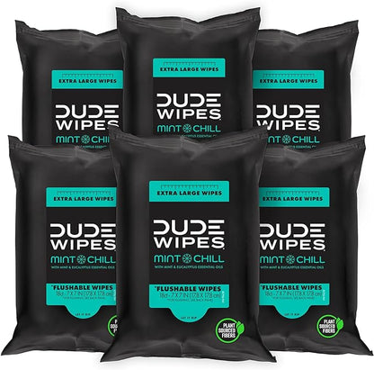 DUDE Wipes - Flushable Wipes Travel Pack - 6 Pack, 108 Count - Mint Chill Extra-Large - Vitamin-E, Aloe Vera, Eucalyptus, and Tea Tree Oils - Septic and Sewer