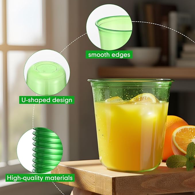 Disposable Stemless Glasses 12oz Crystal Plastic Wine Glasses Clear Classic Pet Cup for Meeting Weddings Birthdays Cocktail Christmas Party Supplies(Green,50 Pcs)