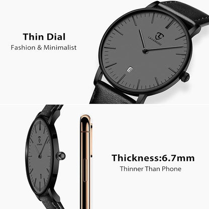L LAVAREDO Watch for Men, Extremely Thin Mens Watches Minimalist Analog Men's Leather Wrist Watches with Time/Date, Birthday Gift for Men Boyfriend