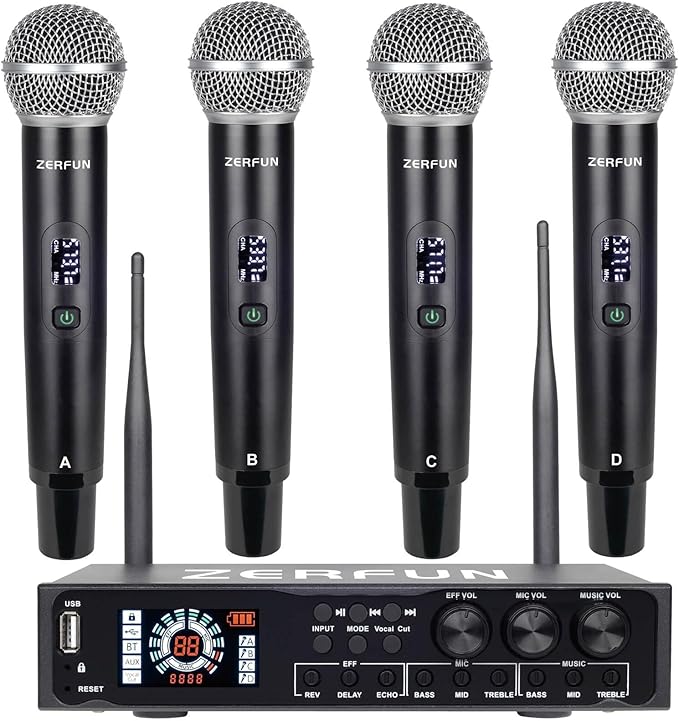 Pro 4 Channel Wireless Microphone System Rechargeable & Pre Effector, UHF Metal Handheld Cordless Mics with LCD Display, Vocal Cut, Bluetooth, USB Port, XLR, 1/4, Optical, RCA Input/Output