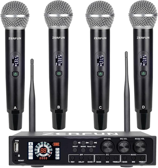 Pro 4 Channel Wireless Microphone System Rechargeable & Pre Effector, UHF Metal Handheld Cordless Mics with LCD Display, Vocal Cut, Bluetooth, USB Port, XLR, 1/4, Optical, RCA Input/Output