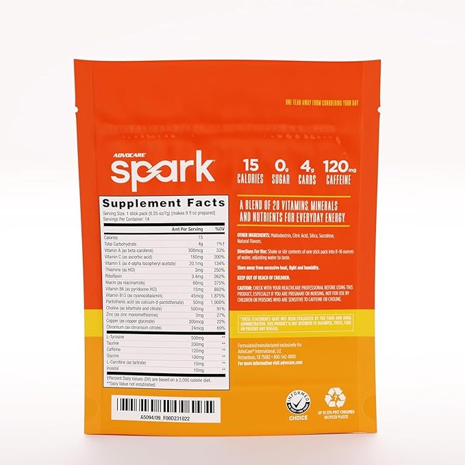 AdvoCare Spark - Energy Drink Mix - Vitamin & Amino Acid Supplement - Supports Energy & Focus - Portable Immune Support - Sugar-Free -Mandarin Orange, 14 Stick Packs (3.5 oz)