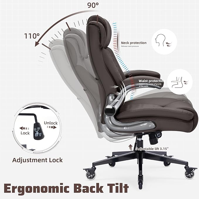 Large High Back Office Chair with Flip Arms- Executive Desk Chair with Locking Wheels, Adjustable Lumbar Support, Ergonomic Synthetic Leather Computer Chair Prevents Cats Scratching
