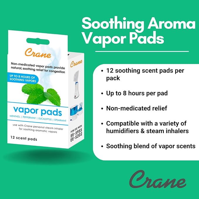 Crane Menthol-Eucalyptus Universal Vapor Pads, 12 Pack, for use Droplets, Corded Inhaler, Warm Mist humidifier