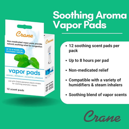 Crane Menthol-Eucalyptus Universal Vapor Pads, 12 Pack, for use Droplets, Corded Inhaler, Warm Mist humidifier