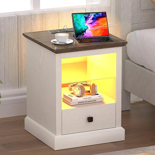Rresyet LED End Table with Charging Station, White Nightstand with Drawer and Storage, Adjustable Shelf, Wooden Bedside Table for Bedroom & Living Room