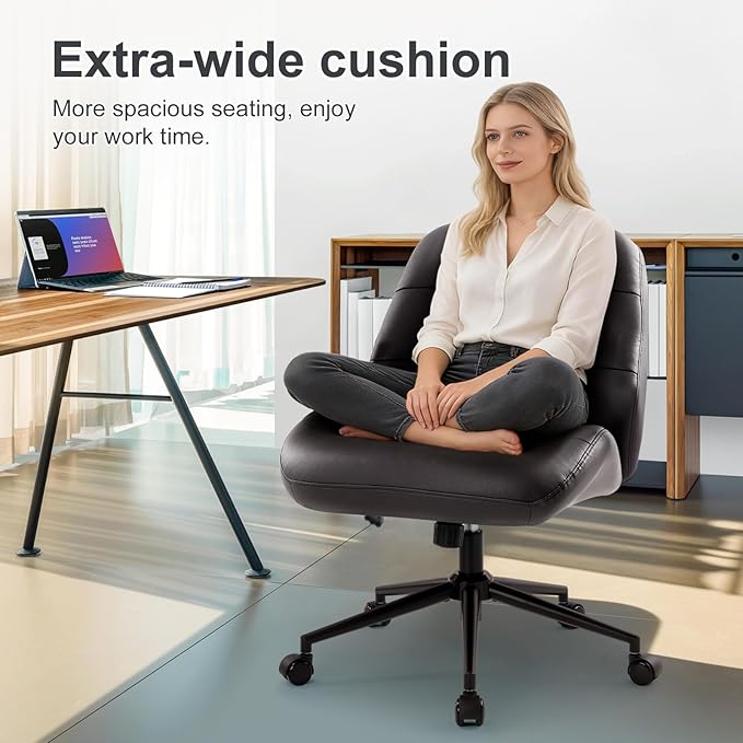 IWMH Home Office Chair, PU Leather Ergonomic Desk Chair with Armrests, Mid-Century Modern Executive Task Chairs, Height Adjustable (Black)