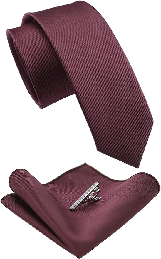 JEMYGINS 2.4" Solid Color Skinny Tie and Pocket Square with Tie Clip Sets for Men (6cm)