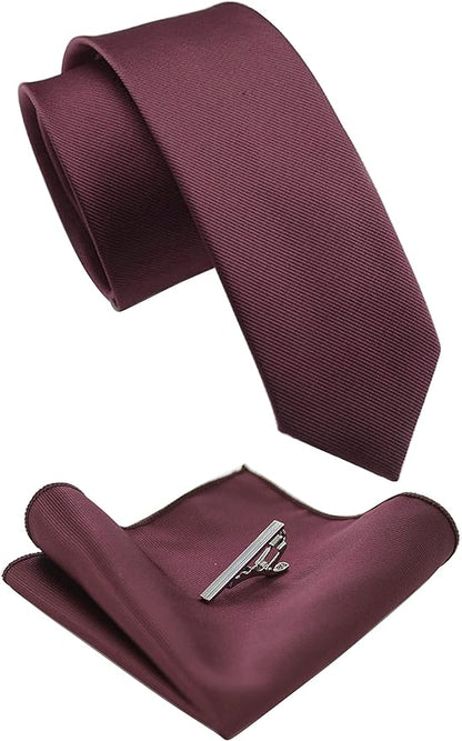 JEMYGINS 2.4" Solid Color Skinny Tie and Pocket Square with Tie Clip Sets for Men (6cm)