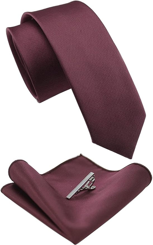 JEMYGINS 2.4" Solid Color Skinny Tie and Pocket Square with Tie Clip Sets for Men (6cm)