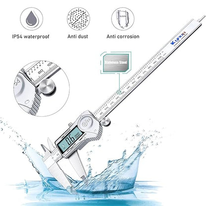 Kynup Digital Caliper, 8 Inch Caliper Measuring Tool with Stainless Steel, IP54 Splash Proof Protection Design, Easy Switch from Inch Metric Fraction, Large LCD Screen (200mm)