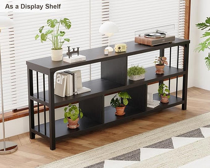 IBF 63” Black Bookshelf, Industrial Long Open Horizontal Cube Book Shelf, Low Wide Home 5 Cube Storage Organizer Shelf for Bedroom, Wood and Metal Cubby Bookcase for Living Room, Black Oak, 63 Inch