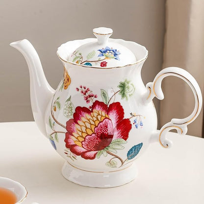 Jomop European Style Ceramic Flower Teapot Coffee Pot Water Pot Porcelain Gift Large 5.5 Cups (1, Blue and Red)
