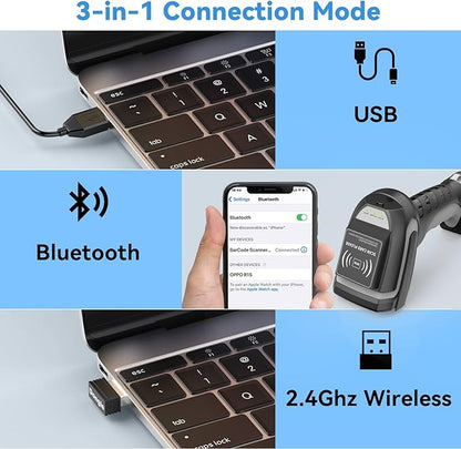 Alacrity Wireless Charging 1D 2D Barcode Scanner, UHF RFID Tags Reader, 2.4Ghz Wireless Bluetooth Wired 3 in 1 Connectivity, for Retail, Logistics, Manufacturing