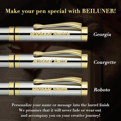 BEILUNER Personalized Ballpoint Pens, Stunning Bright Silver Chrome Metal Pen with Golden Trim, Fancy Ball Pen Gift Set for Men & Women, Graduation,Office, Nice Gift Box with 0.5mm Black Spare Refill