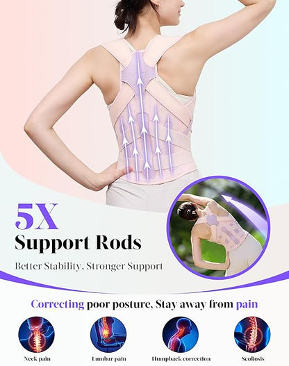Posture Corrector for Women and Men, 5 Full Back Support Brace Rods, Adjustable Shoulder Straightener, FSA&HSA Eligible, Relief for Upper and Lower Back, Lumbar, Neck Pain (Pink, Small)