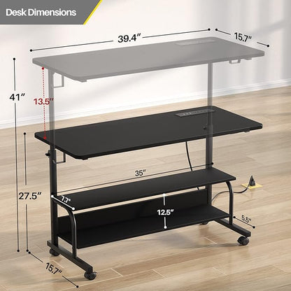 Armocity Height Adjustable Standing Desk with Power Outlets, 39" Manual Stand Up Desk with Storage Shelves Small Mobile Rolling Computer Desk Portable Laptop Table with Wheels for Home Office, Black