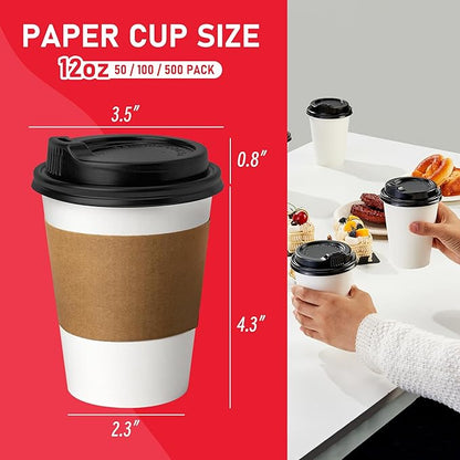 12 oz 500 Pack Coffee Cups with Lids and Sleeves, Hot Paper Coffee Cups with Lids, Disposable To Go Cups with Lid for Coffee, Tea, Hot Chocolate, Ideal for Cafes, Offices and Travel