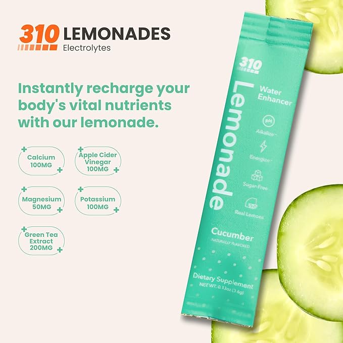 310 Nutrition Lemonade Sugar-Free Water Flavoring Packets - Powdered Drink Mixes & Flavorings with Alkalizing Minerals - Water Enhancer Packets for Energy & Instant Hydration - Cucumber 30 singles
