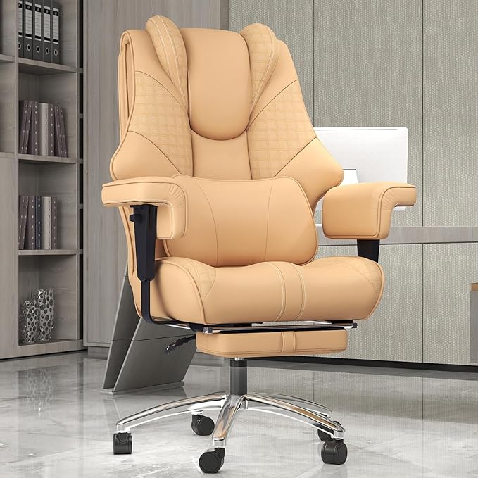 600lbs Big and Tall Office Chair - Wide Ergonomic Leather Executive Chair with Footrest, Lumbar Support & Swivel Wheels (Brown)