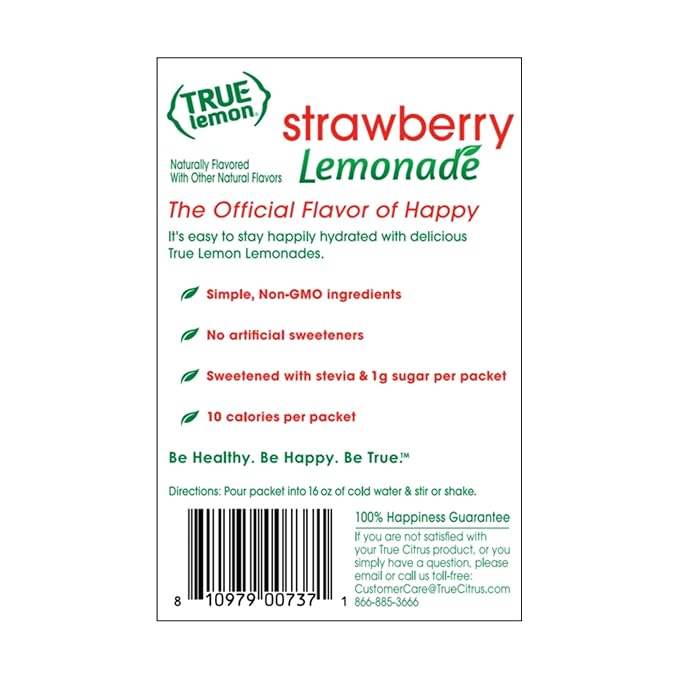 True Lemon Strawberry Lemonade Drink Mix, Made from Real Lemons, Low Calorie, Low Sugar, Lemonade Drink Mix, 10 Count, 1.06 oz (Pack of 12)