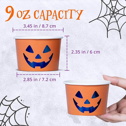 Paper Ice Cream Cups, 50-Count 9-Oz Disposable Dessert Bowls for Hot or Cold Food, 9-Ounce Halloween Party Supplies Treat Cups, Jack-O-Lantern, Orange