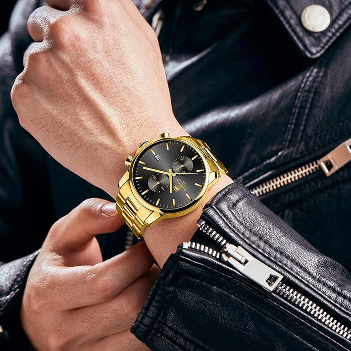 GOLDEN HOUR Fashion Business Mens Watches with Stainless Steel Waterproof Chronograph Quartz Watch for Men, Auto Date