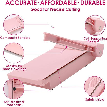 Mini Paper Trimmer, Guillotine Compact Paper Cutter, 1/4-Inch Grid for Precision Cutting, Straight Cuts Up to 3 Sheets, Perfect for Photos,Coupons,Card Making and Small Craft Projects (Pink)
