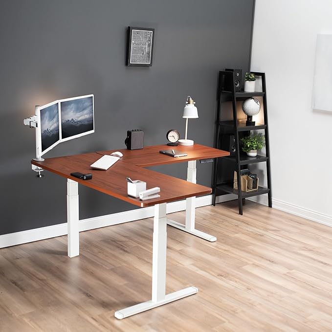 VIVO Electric Height Adjustable 67 x 60 inch Corner Stand Up Desk, 2 Dark Walnut Solid Table Tops, White Frame, Memory Controller, L-Shaped Workstation, 3E Series, DESK-KIT-3E6WD