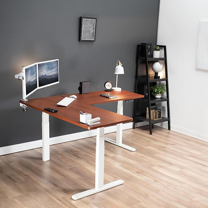 VIVO Electric Height Adjustable 67 x 60 inch Corner Stand Up Desk, 2 Dark Walnut Solid Table Tops, White Frame, Memory Controller, L-Shaped Workstation, 3E Series, DESK-KIT-3E6WD
